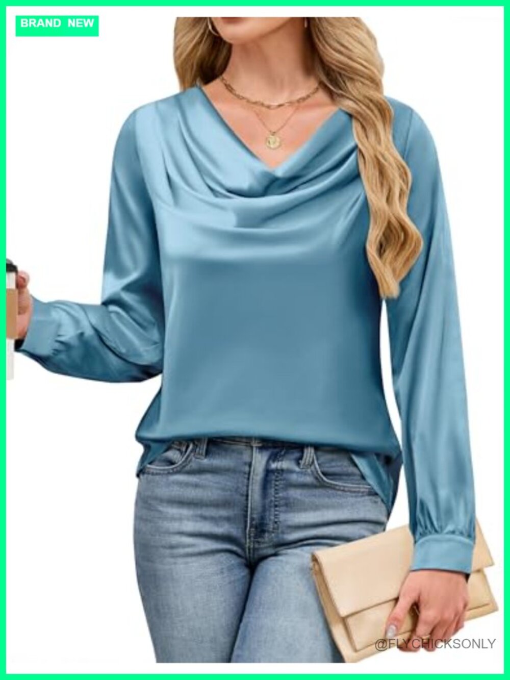 Satin Blouse Cowl Neck Draped Long Sleeve Dressy Business Casual Top